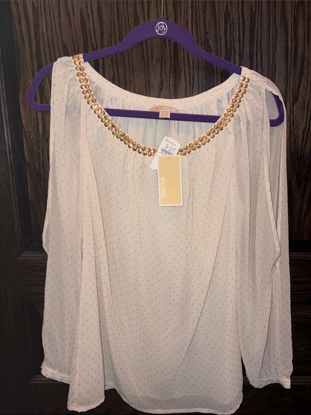 Michael Kors Cream Long-Sleeve Blouse with Gold Beaded Neckline